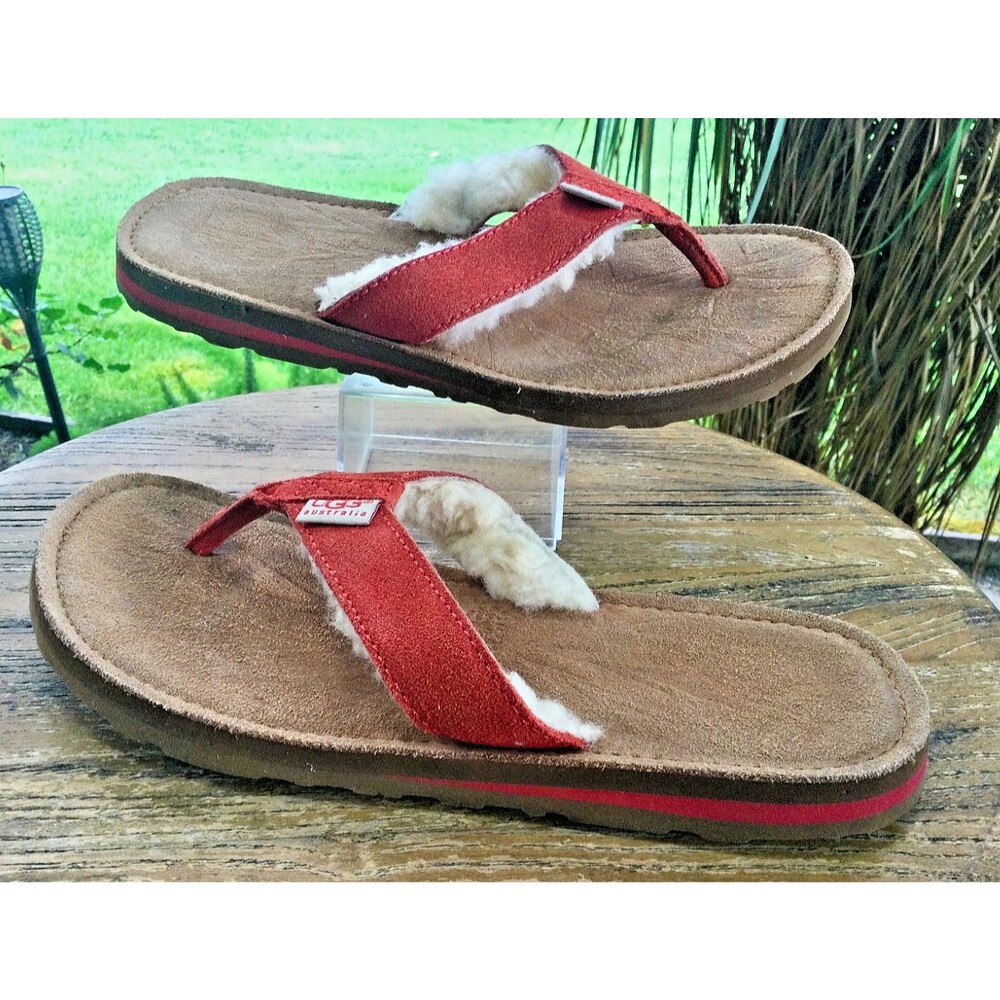 Ugg Size 7 Tasmina Leather Flip Flops Thongs Orange Shearling Sheepskin Sandals
